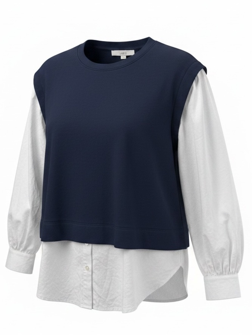 LOFT Small Mixed Media Layered Look Sweatshirt Top Navy White Balloon Sleeve